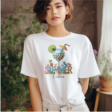 Qoeuyl Boutique Summer Vibes Baskılı Kokteyl Yaz Temalı Unisex Regular Fit Pamuklu Beyaz Tişört