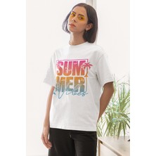 Qoeuyl Boutique Retro Summer Vibes Palmiye Baskılı Yaz Temalı Unisex Regular Fit Pamuklu Beyaz Tişört