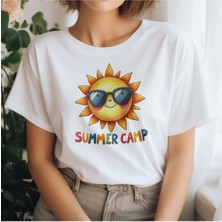 Summer Camp Baskılı Yaz Temalı Unisex Regular Fit Pamuklu Beyaz Tişört