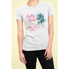 Qoeuyl Boutique Salty Soul Baskılı Yaz Temalı Unisex Regular Fit Pamuklu Beyaz Tişört