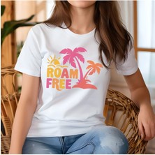 Qoeuyl Boutique Roam Free Baskılı Yaz Temalı Unisex Regular Fit Pamuklu Beyaz Tişört