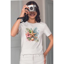 Qoeuyl Boutique Deniz Yıldızı Baskılıyaz Temalı Unisex Regular Fit Pamuklu Beyaz Tişört