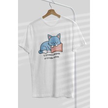 Qoeuyl Boutique Iç Istemem Çalışmak Sevimli Kedi Baskılı Hediyelik Unisex Bisiklet Yaka %100 Pamuklu T-Shirt