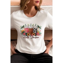 Qoeuyl Boutique Hello Summer Baskılı Yaz Temalı Unisex Regular Fit Pamuklu Beyaz Tişört
