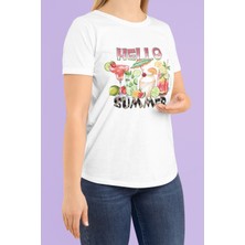 Qoeuyl Boutique Hello Summer Baskılı Yaz Temalı Unisex Regular Fit Pamuklu Beyaz Tişört