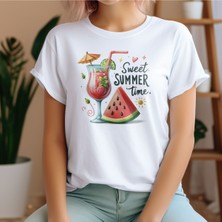 Qoeuyl Boutique Sweet Summer Time Baskılı Unisex Regular Fit Pamuklu Beyaz Tişört