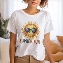 Qoeuyl Boutique Summer Fun Baskılı Yaz Temalı Unisex Regular Fit Pamuklu Beyaz Tişört