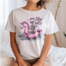 Qoeuyl Boutique Sray Salty Baskılı Yaz Temalı Unisex Regular Fit Pamuklu Beyaz Tişört