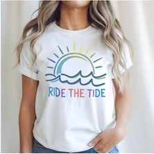 Qoeuyl Boutique Ride The Tide Baskılı Yaz Temalı Unisex Regular Fit Pamuklu Beyaz Tişört