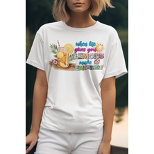 When Life Gives You Lemons Make Lemonade Baskılı Yaz Temalı Unisex Regular Fit Pamuklu Beyaz Tişört