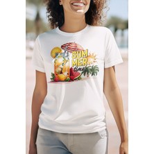 Qoeuyl Boutique Summer Time Cocktail Baskılı Yaz Temalı Unisex Regular Fit Pamuklu Beyaz Tişört