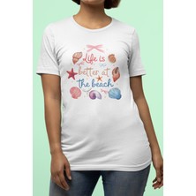 Qoeuyl Boutique Life Is Better At The Beach Baskılı Yaz Temalı Unisex Regular Fit Pamuklu Beyaz Tişört
