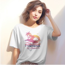 Qoeuyl Boutique Paradıse Found Baskılı Yaz Temalı Unisex Regular Fit Pamuklu Beyaz Tişört