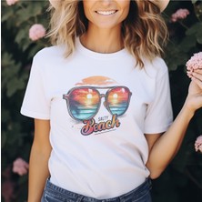 Salty Beach Baskılı Yaz Temalı Unisex Regular Fit Pamuklu Beyaz Tişört