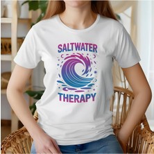 Qoeuyl Boutique Saltwater Therapy Baskılı Yaz Temalı Unisex Regular Fit Pamuklu Beyaz Tişört