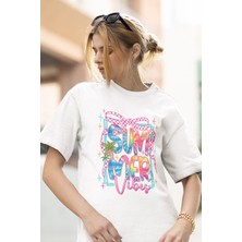 Qoeuyl Boutique Coquette Summer Vibes Baskılı Yaz Temalı Unisex Regular Fit Pamuklu Beyaz Tişört