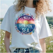 Qoeuyl Boutique I Need Vitamin Sea Baskılıyaz Temalı Unisex Regular Fit Pamuklu Beyaz Tişört