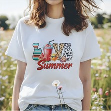 Qoeuyl Boutique Love Summer Baskılı Güneş Tatil Yaz Unisex Regular Fit Pamuklu Beyaz Tişört