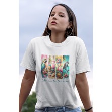 Qoeuyl Boutique Take Me Beach Baskılı Yaz Temalı Unisex Regular Fit Pamuklu Beyaz Tişört