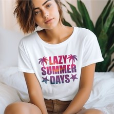 Qoeuyl Boutique Lazy Summer Days Baskılı Yaz Temalı Unisex Regular Fit Pamuklu Beyaz Tişört