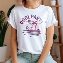 Pool Party Baskılı Yaz Temalı Unisex Regular Fit Pamuklu Beyaz Tişört