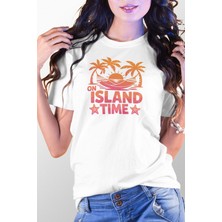 Qoeuyl Boutique Island Time Baskılı Yaz Temalı Unisex Regular Fit Pamuklu Beyaz Tişört