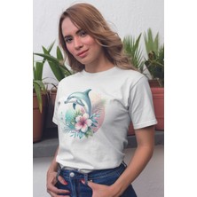 Yunus ve Çiçekler Baskılıyaz Temalı Unisex Regular Fit Pamuklu Beyaz Tişört