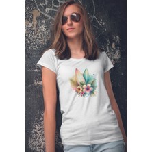 Qoeuyl Boutique Renkli Okyanus Çiçekler Baskılıyaz Temalı Unisex Regular Fit Pamuklu Beyaz Tişört