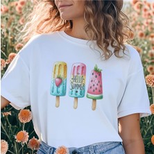 Qoeuyl Boutique Hello Summer Dondurma Baskılı Unisex Regular Fit Pamuklu Beyaz Tişört