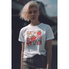 Çilek ve Kurdele No:3 Baskılıyaz Temalı Unisex Regular Fit Pamuklu Beyaz Tişört
