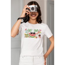 Qoeuyl Boutique Sweet Summer Karpuz Baskılı Yaz Temalı Unisex Regular Fit Pamuklu Beyaz Tişört