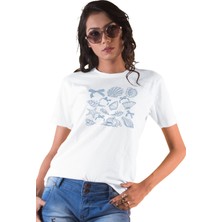 Qoeuyl Boutique Deniz Kabukları Kurdele Baskılıyaz Temalı Unisex Regular Fit Pamuklu Beyaz Tişört