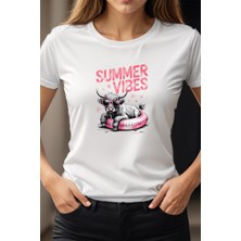 Qoeuyl Boutique Summer Vibes Cow Baskılı Unisex Regular Fit Pamuklu Beyaz Tişört