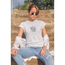Qoeuyl Boutique Tropikal Çiçekler Baskılıyaz Temalı Unisex Regular Fit Pamuklu Beyaz Tişört