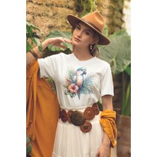 Qoeuyl Boutique Tropikal Papağan Baskılıyaz Temalı Unisex Regular Fit Pamuklu Beyaz Tişört