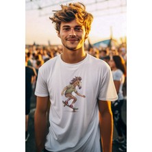 Qoeuyl Boutique Skateboardıng Horseman/at Adam Baskılı Eğlenceli Hediyelik Unisex %100 Pamuklu T-Shirt