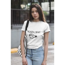 Uçasım Yok-Bezgin Kuş Baskılı Eğlenceli Unisex Bisiklet Yaka %100 Pamuklu T-Shirt