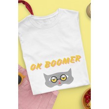 Qoeuyl Boutique Ok Boomer-Kedi Baskılı Eğlenceli Hediyelik Beyaz Unisex T-Shirt