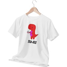 Qoeuyl Boutique Tea Rex Baskılı Eğlenceli Hediyelik Beyaz Unisex T-Shirt
