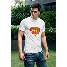 Qoeuyl Boutique Super Dad Baskılı Babalar Günü Eğlenceli Hediyelik Beyaz Unisex T-Shirt