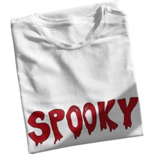 Qoeuyl Boutique Spooky Baskılı Hediyelik Eğlenceli Beyaz Unisex T-Shirt