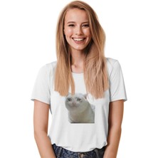 Qoeuyl Boutique Hermanos Ağlayan Kedi Meme Baskılı Eğlenceli Hediyelik Beyaz Unisex T-Shirt