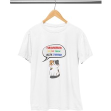 Turşuhan Koş Birtanem Rızık Zamanı-Kedi Baskılı Eğlenceli Hediyelik Beyaz Unisex T-Shirt
