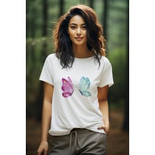 Qoeuyl Boutique Renkli Kelebek Baskılı Beyaz Kadın T-Shirt
