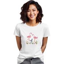 Qoeuyl Boutique Flamingo Bahçesi Baskılı Beyaz Kadın T-Shirt