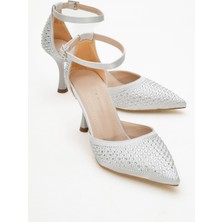 Taşlı Sivri Burunlu Kadın Topuklu Ayakkabı Gümüş Saten