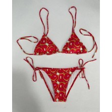 Kadın Kırmızı Karpuz Desen Boyundan Ip Bağlamalı Üçgen Bikini Takımı HZL25S-LC5005