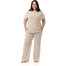 Büyük Beden Düşük Kollu Bluz Pantolon Bej Rengi Ikili Takım