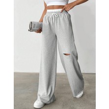 Unısex Iki Iplik Beli Lastikli Yırtık Paça Oversize Bol Paça Lastikli Eşofman Altı