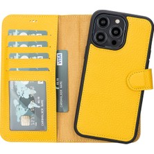 Sarac Store Apple iPhone 16 Pro Max Uyumlu, Hakiki Deri, El Yapımı, Cüzdanlı Kılıf, Sarı